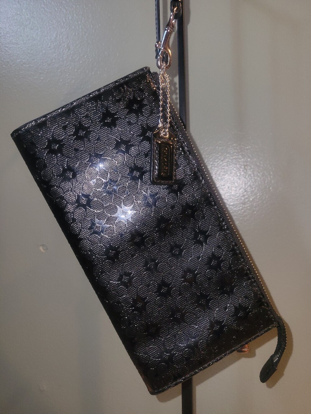 Coach Y2K Seasonal Signature Black Embossed Patent Leather Zip Wristlet